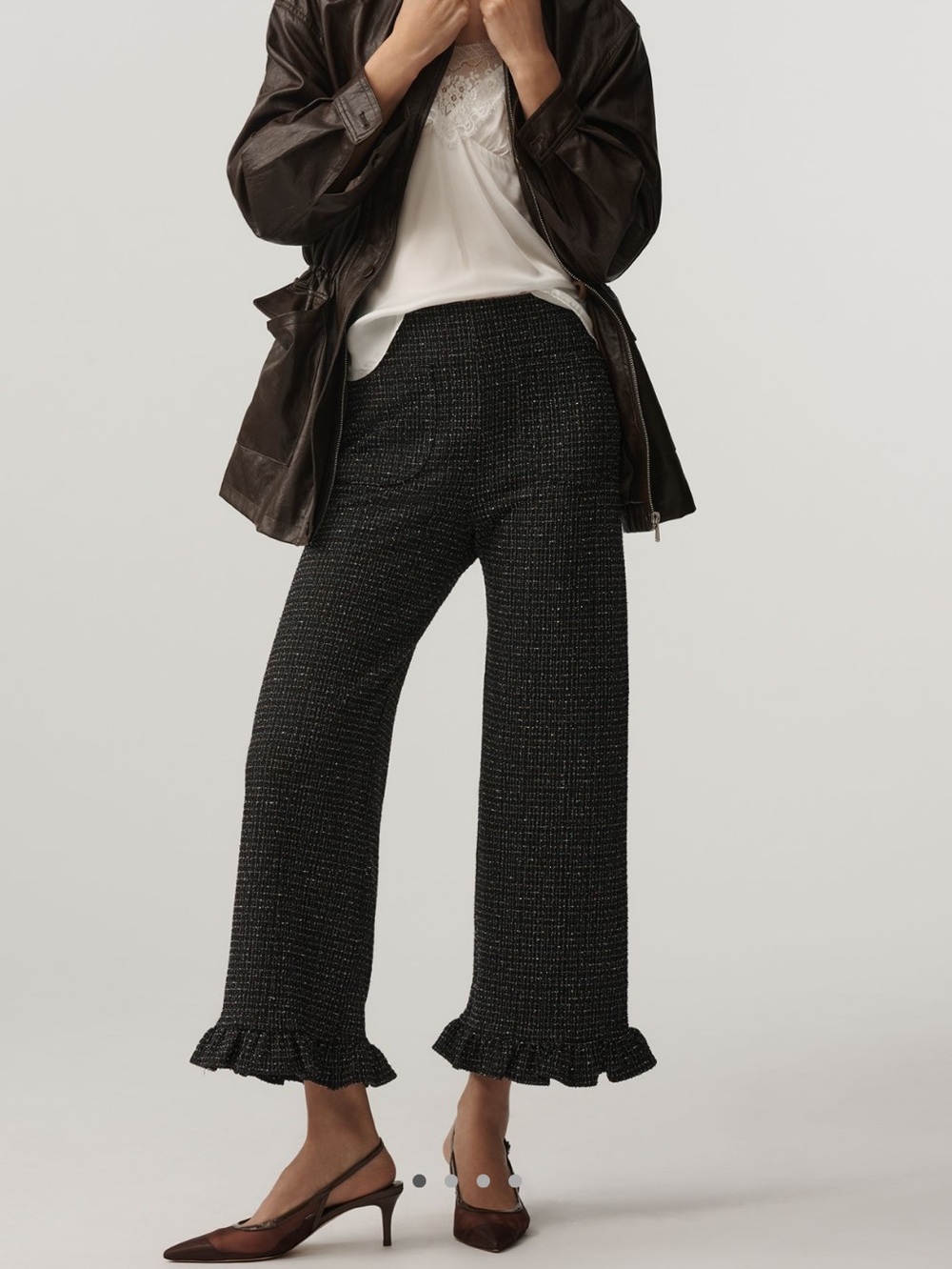 Anthropologie Colette Pants Maeve Cropped Wide Leg Ruffle Tweed New 27 Black